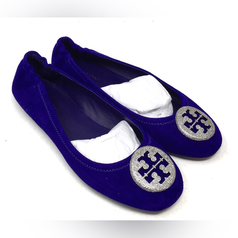 Tory Burch Deep Purple Crystal Pavé Minnie Travel Ballet Flat Shoes - Picture 6 of 16